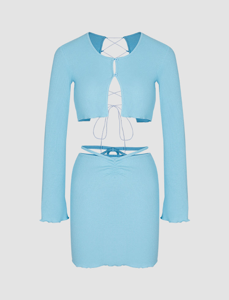 Solid Lace-up Back Top&Skirt Set