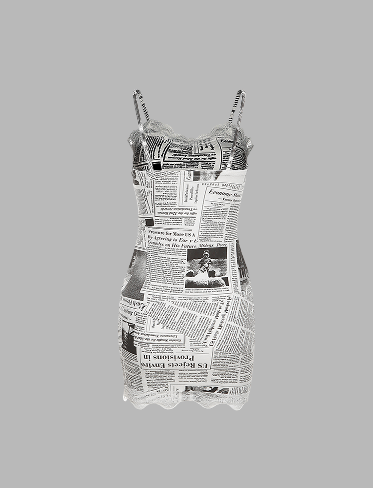 White Newspaper-print Lace-trimmed Split Dress
