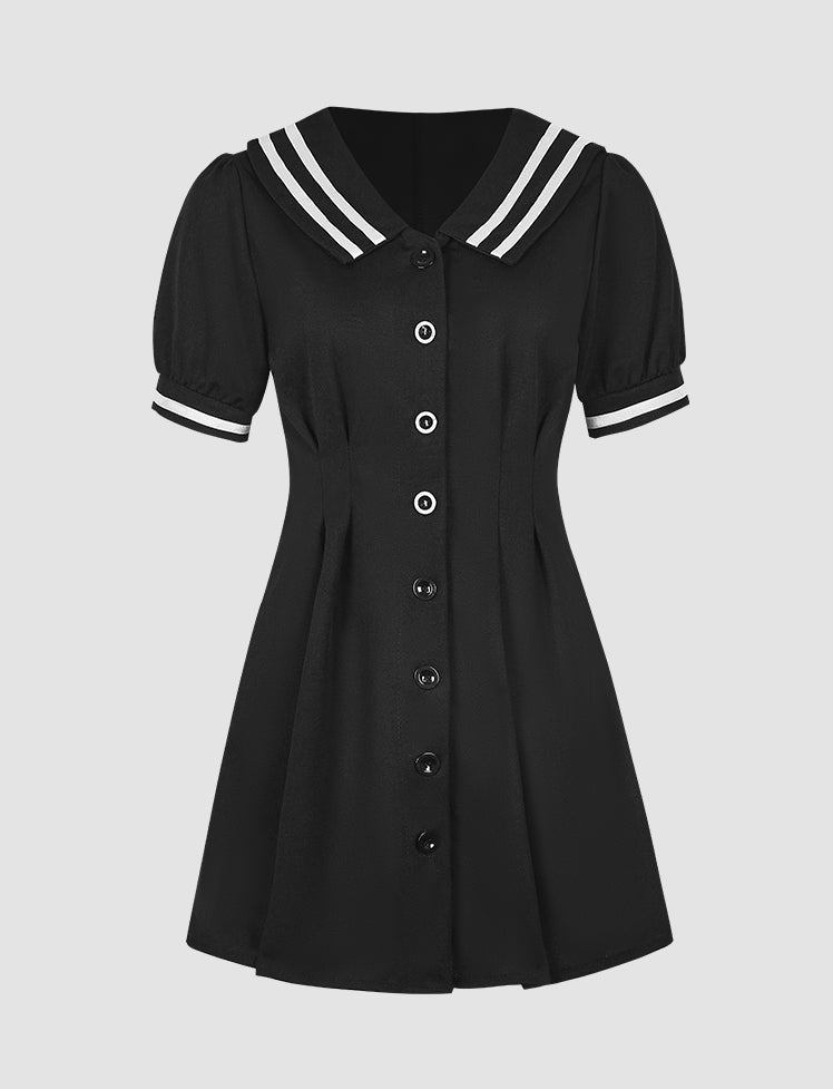 Sailor Collar Buckle Short Sleeve Dress