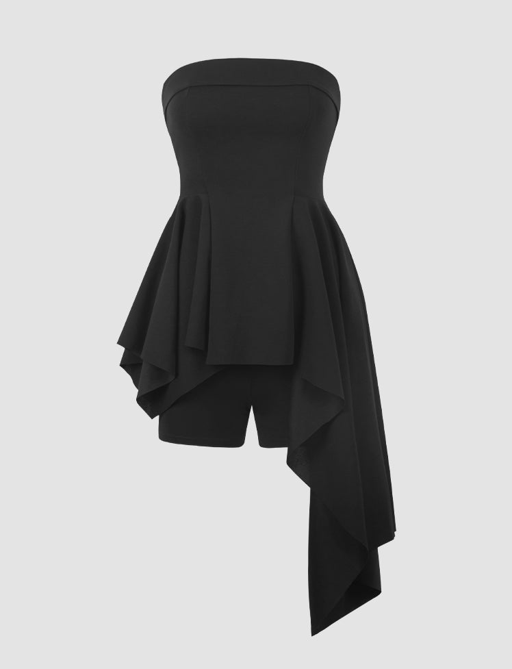 Irregular Solid Off Shoulder Dress&Shorts Set