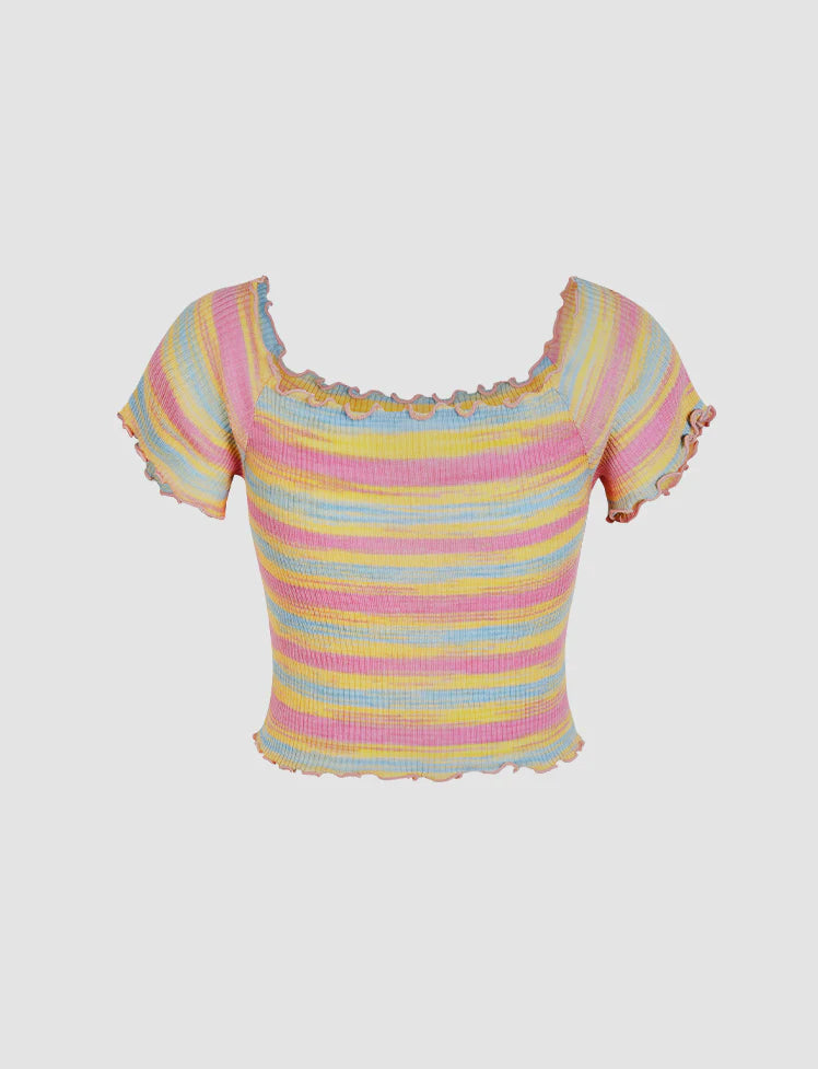 Colorful Ruffle Ribbed Knit Top