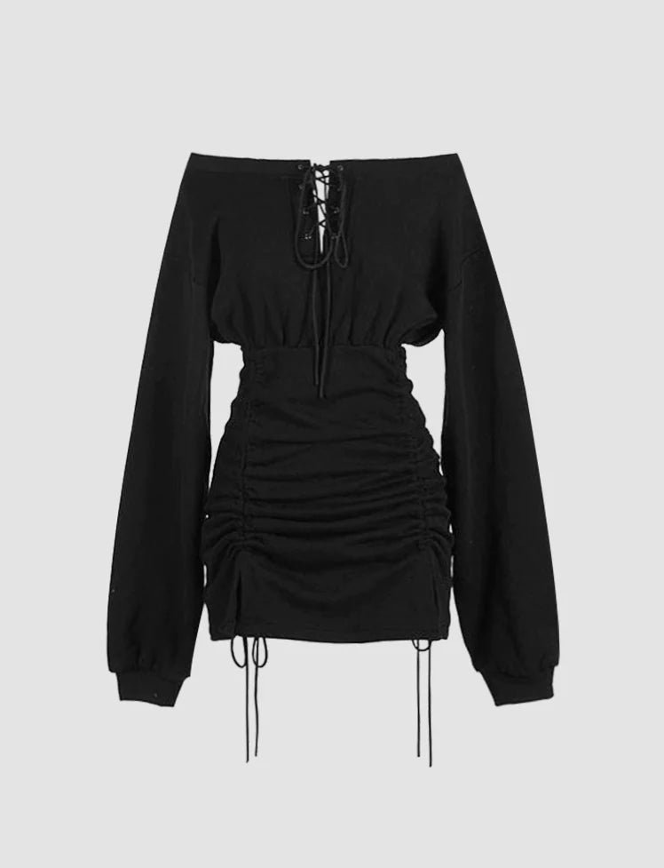 Black Off-The-Shoulder Drawstring Ruched Dress