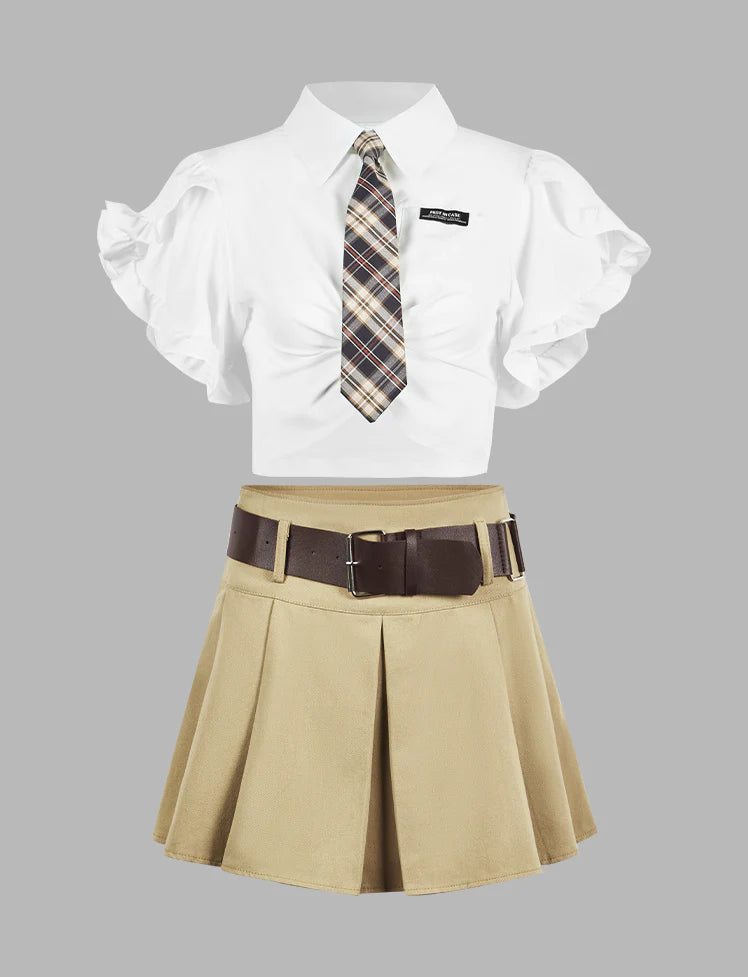 Ruffled Top&Pleated Skirt Set