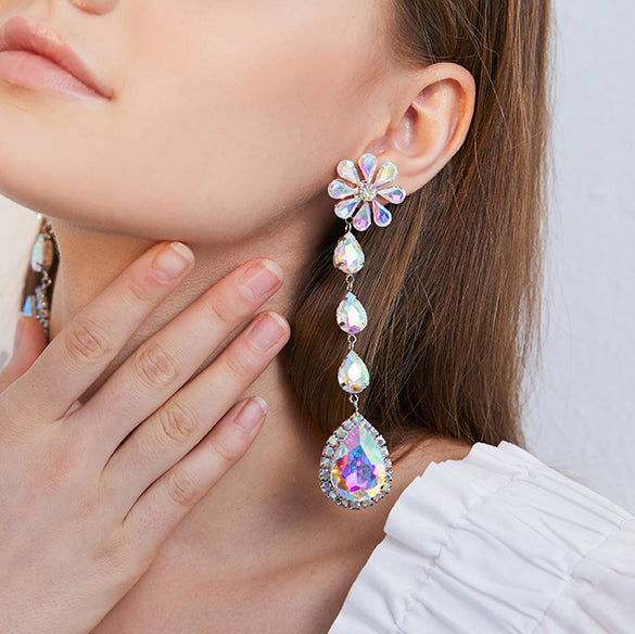 Flower Rhinestone Long Earrings