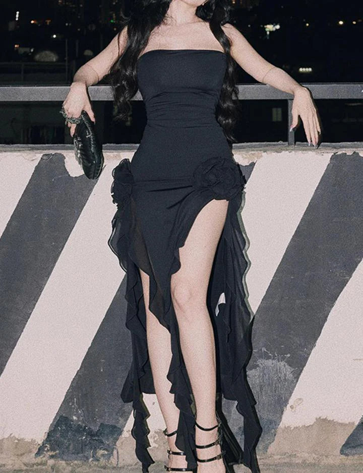 Wrapped Panel Lace Slit Slim Midi Prom Dress