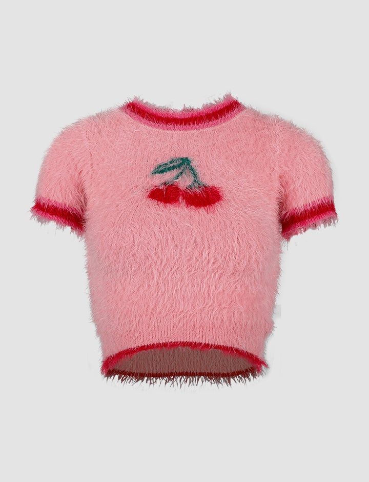 Pink Cherry Pattern Sweater Crop Tee
