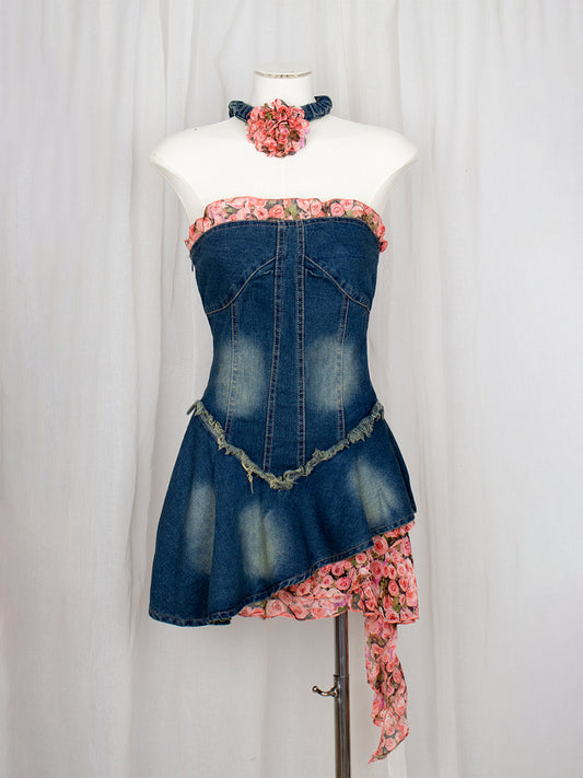Rose Floral Patchwork Denim Irregular Dress with Floral Choker Necklace