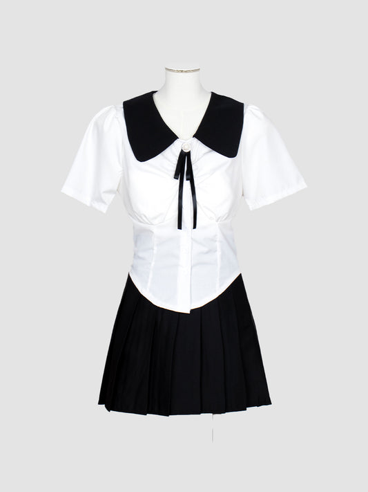 Black and White Lapel Pockets Shirt Crop Top with Pearl Ribbon Accessory