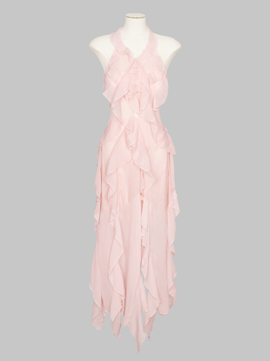 Solid Color Pink Ruffle Flutter Irregular Long Dress