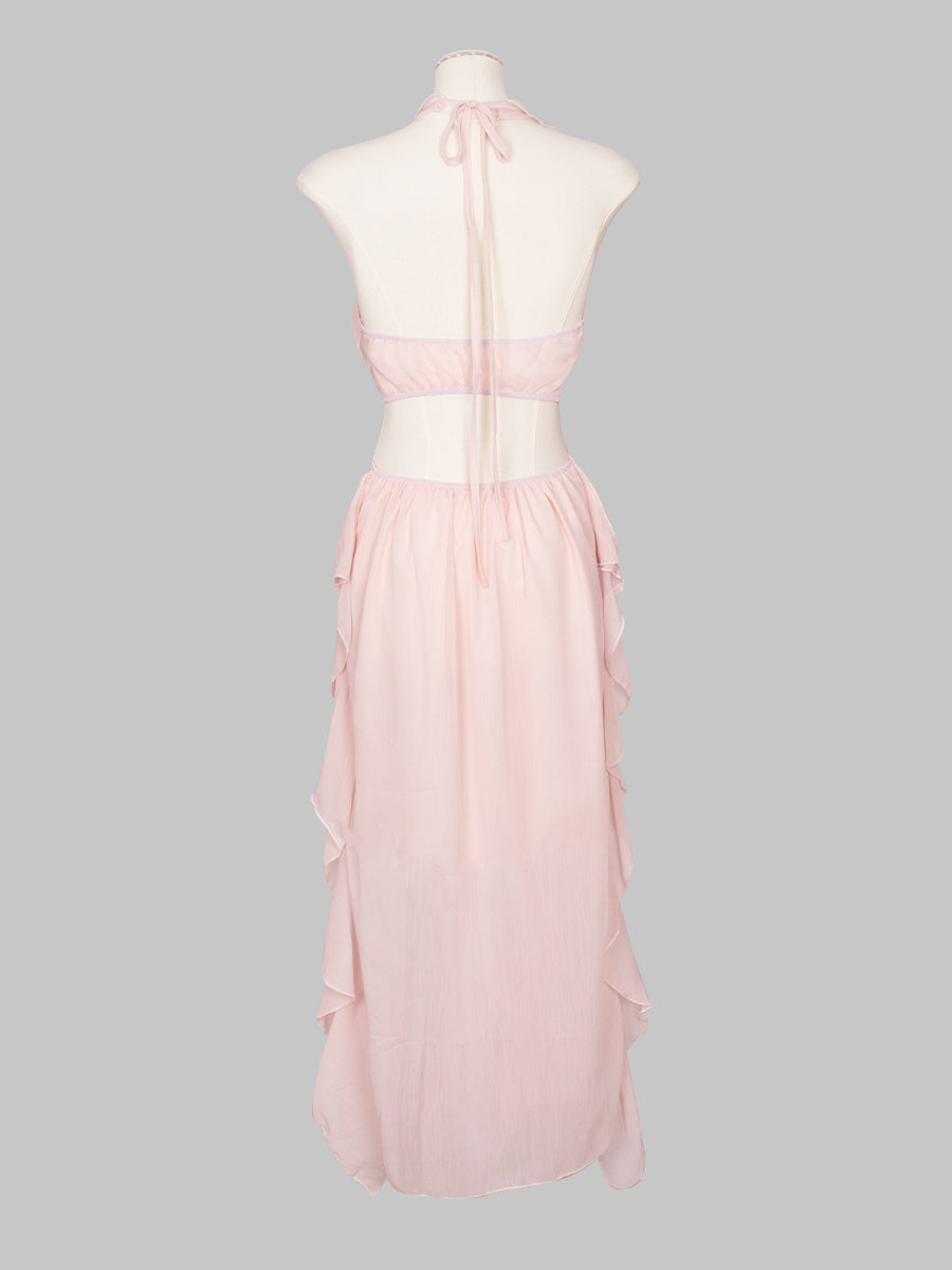 Solid Color Pink Ruffle Flutter Irregular Long Dress