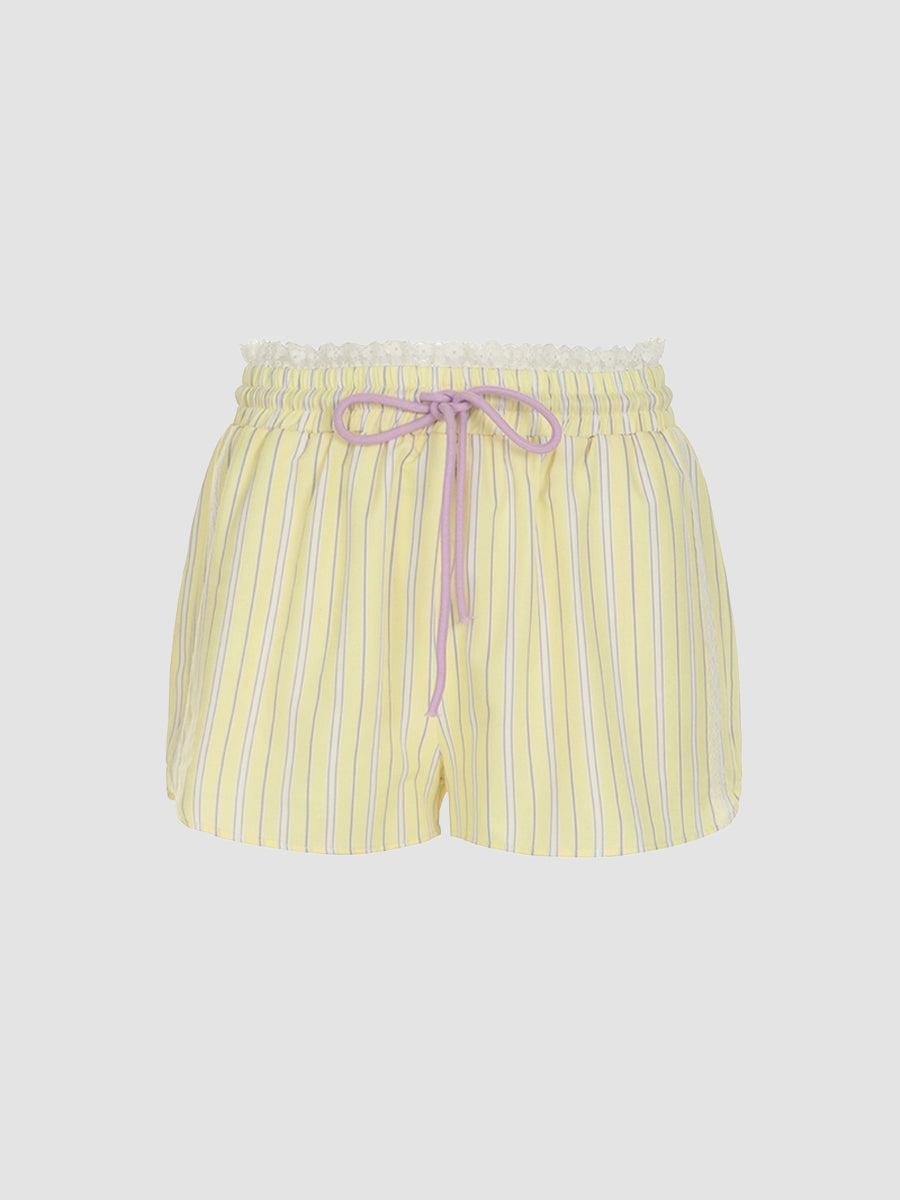 Yellow Striped Elastic Lace Trim Shorts