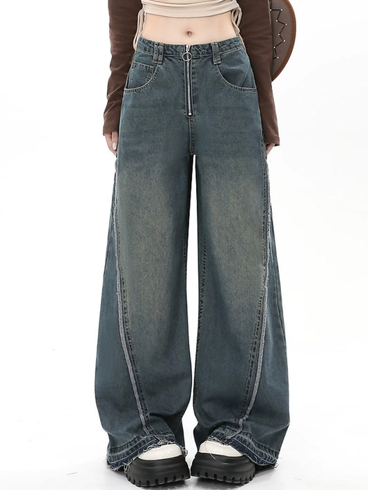 Solid Color Loose Raw Hemmed Long Jeans