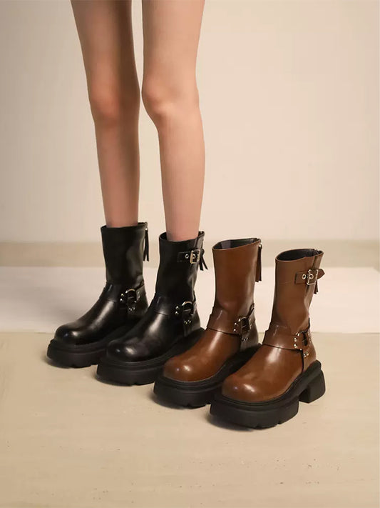 Women's Western Buckle Straps Chunky Heeled Side Zip Boots