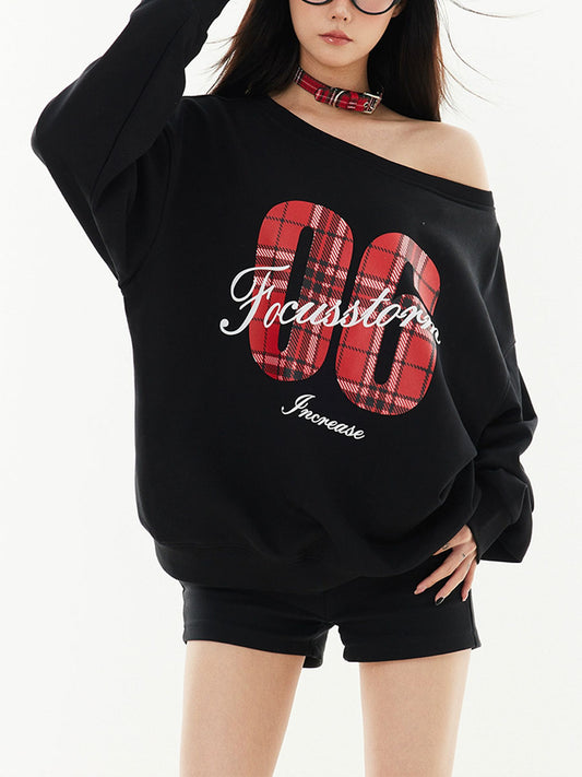 Vintage Slant Shoulder Large Neckline Sweatshirt Letter Loose Sporty Top