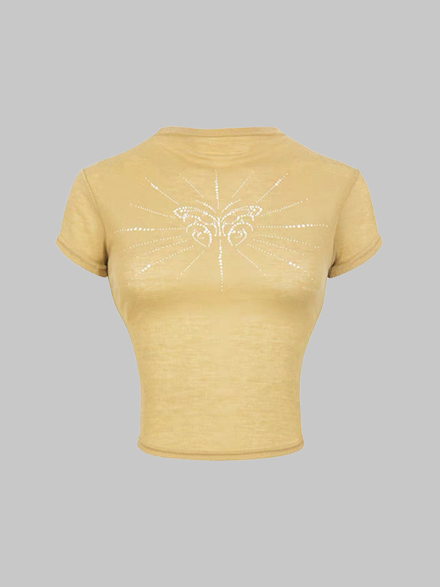 Butterfly Rhinestone Slim Short Sleeve Top