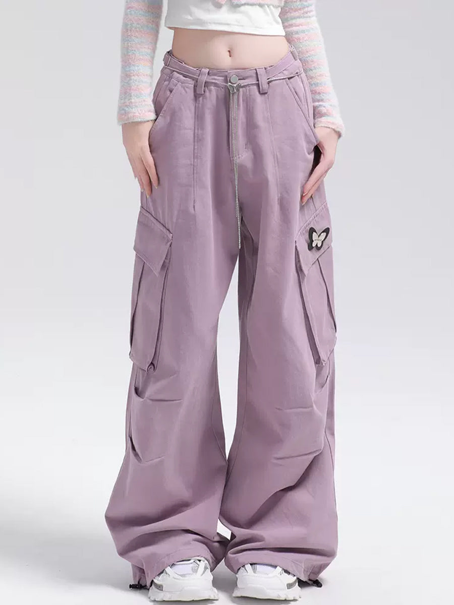 Solid Color Cargo Butterfly Decoration Loose Casual Pants with Butterfly Chain Belt