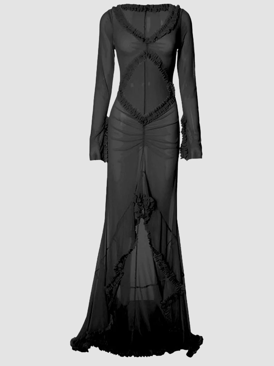 Solid Colored Knitted Hollow Out Long Chiffon Pleated Ruffle Hem Bodycon Dress