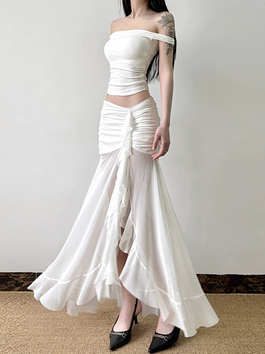 Irregular Ruffle Flutter Mesh Midi Skirt
