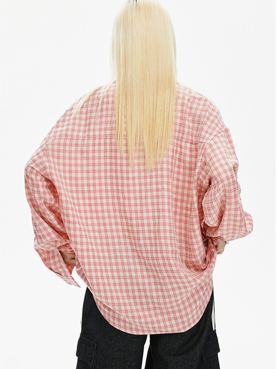Vintage Plaid Long Sleeve Loose Shirt Double Pocket Top