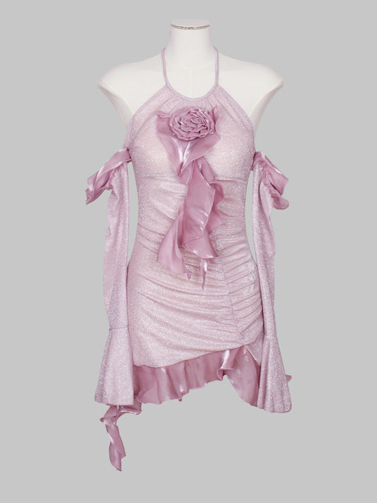 Ruffle Sequins Floral Accessory Bodycon Dress