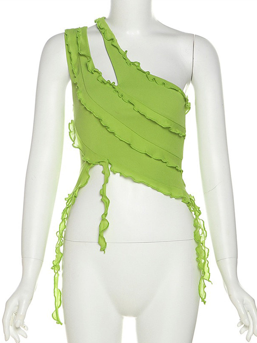 Solid Color Irregular Cutout One-Shoulder Top