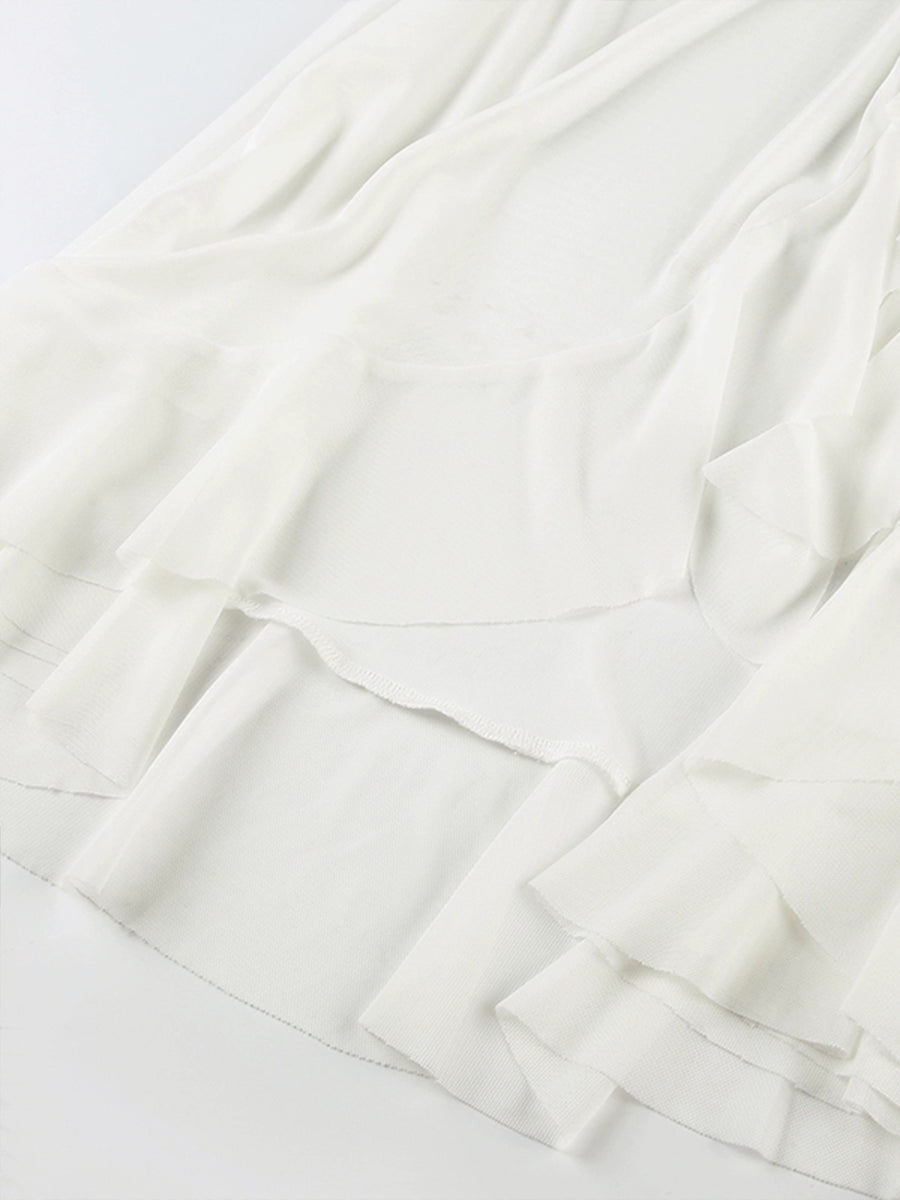 Irregular Ruffle Flutter Mesh Midi Skirt