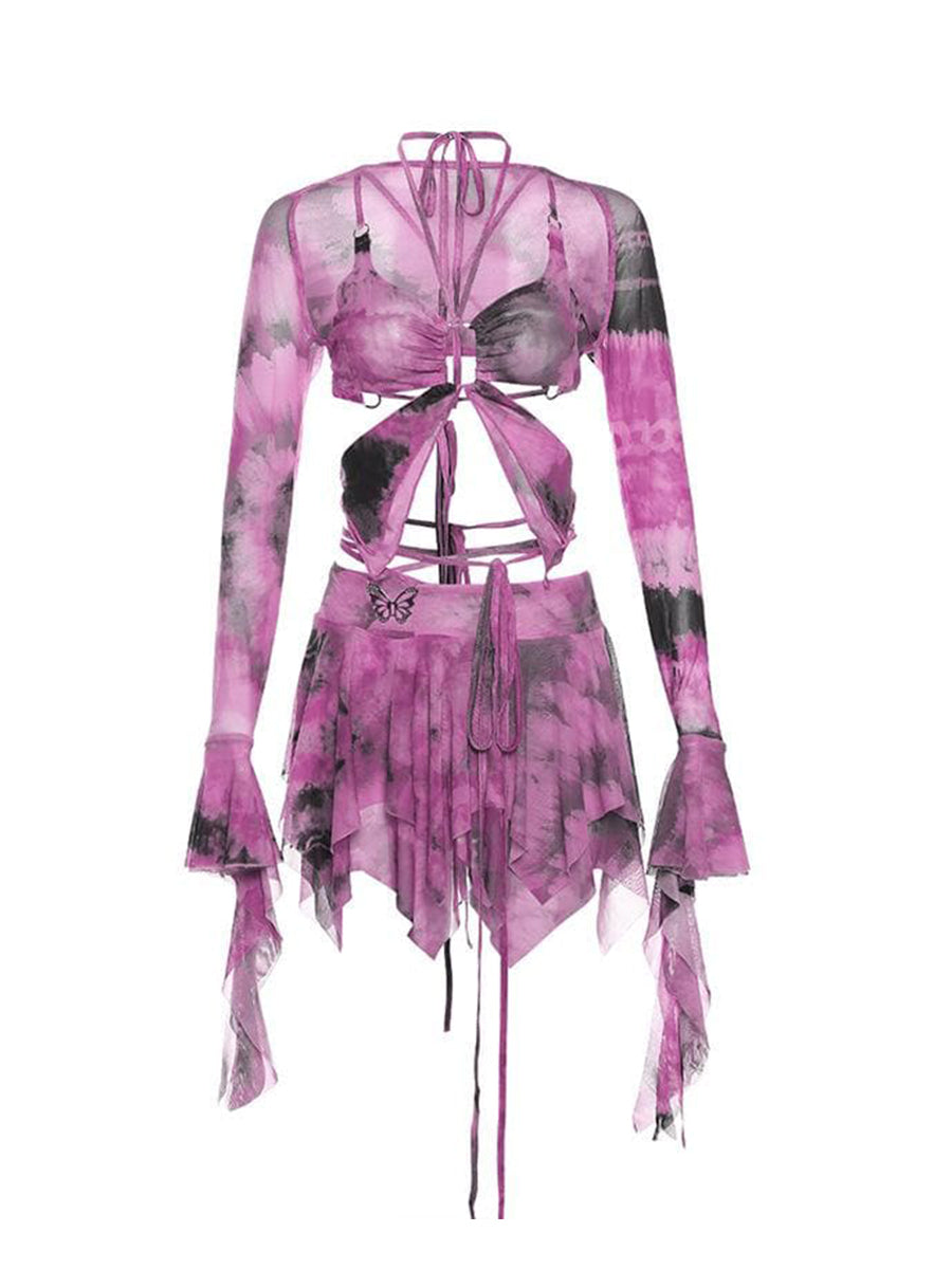Flared Sleeve Tie Dye O Ring Self Tie Halter Low Cut Mini Skirt Set