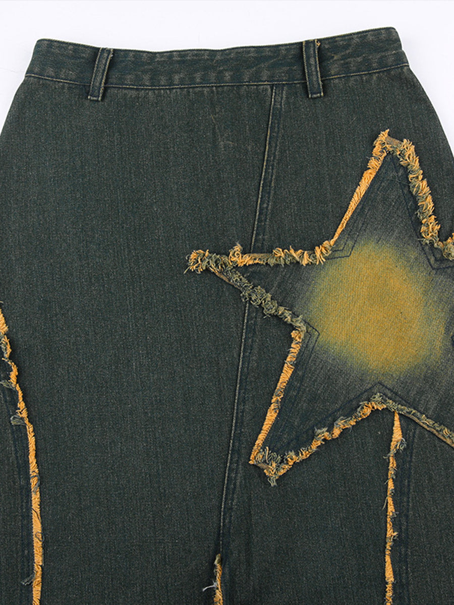Star Irregular Hem Denim Long Skirt