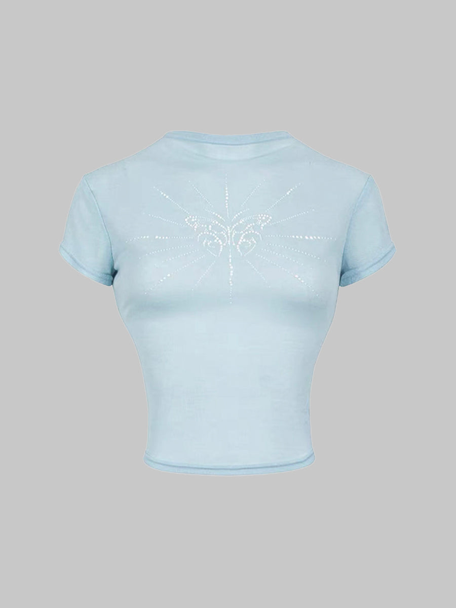 Butterfly Rhinestone Slim Short Sleeve Top