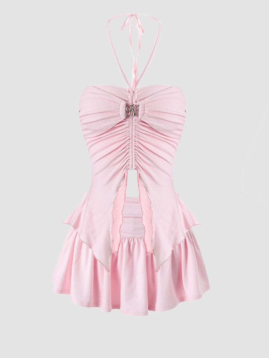 Solid Color Pleated Halter Top + Skirt with Lining Set