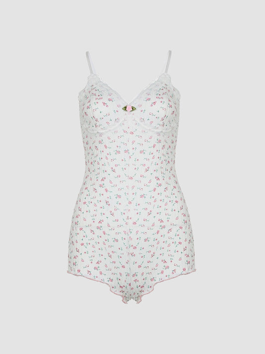 Lace Floral Print Halter/Long Sleeve Bodysuit