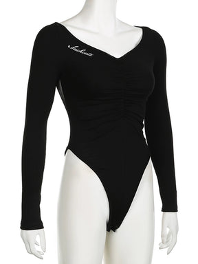 V-Neck Long Sleeve Black One Piece Top