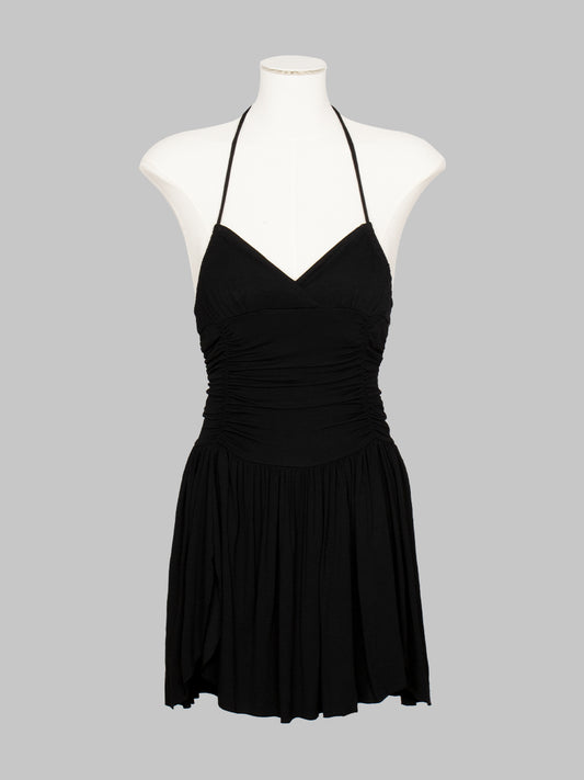 Solid Color Ruffle Flutter Backless Halter Dress
