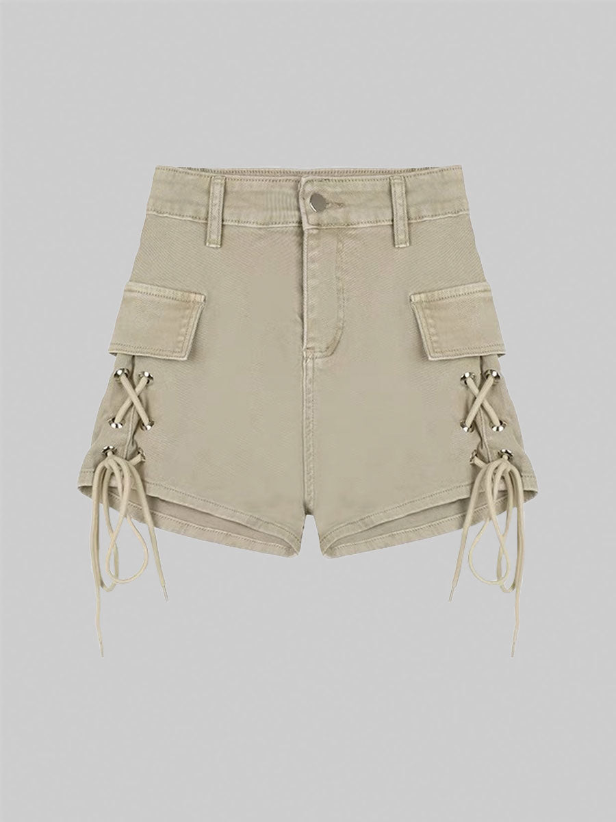 Solid Color Drawstring Fake Pocket Deco Denim Shorts