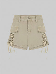 Solid Color Drawstring Fake Pocket Deco Denim Shorts