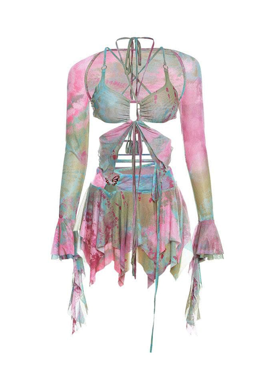 Flared Sleeve Tie Dye O Ring Self Tie Halter Low Cut Mini Skirt Set