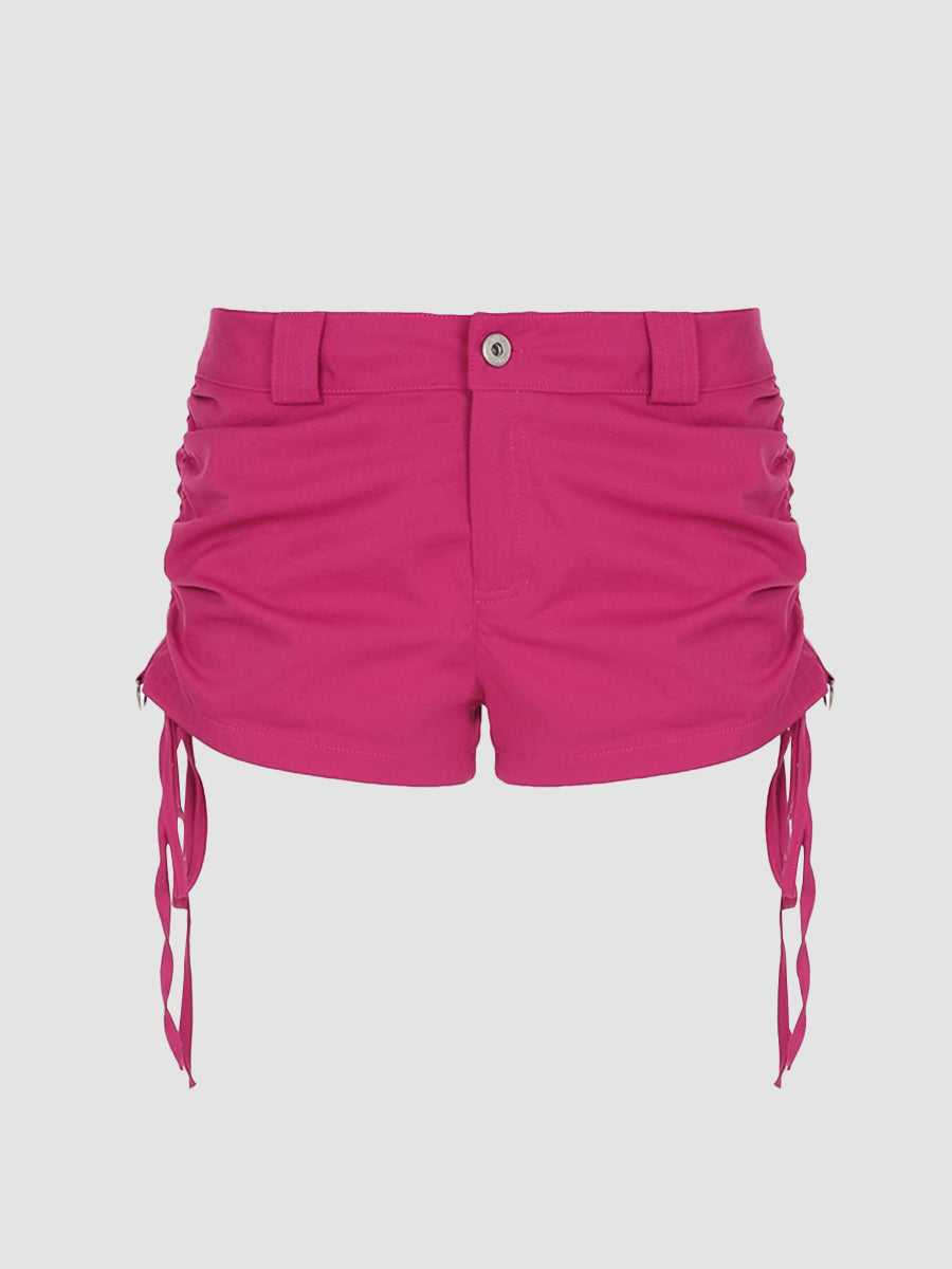 Pink Low Waisted Drawstring Ruched Tie Side Skinny Shorts