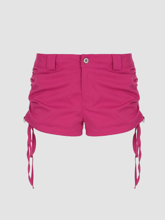 Pink Low Waisted Drawstring Ruched Tie Side Skinny Shorts