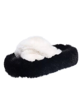 Criss Cross Straps Casual Indoors Slippers Fluffy Faux Fuzzy Fur  Slides