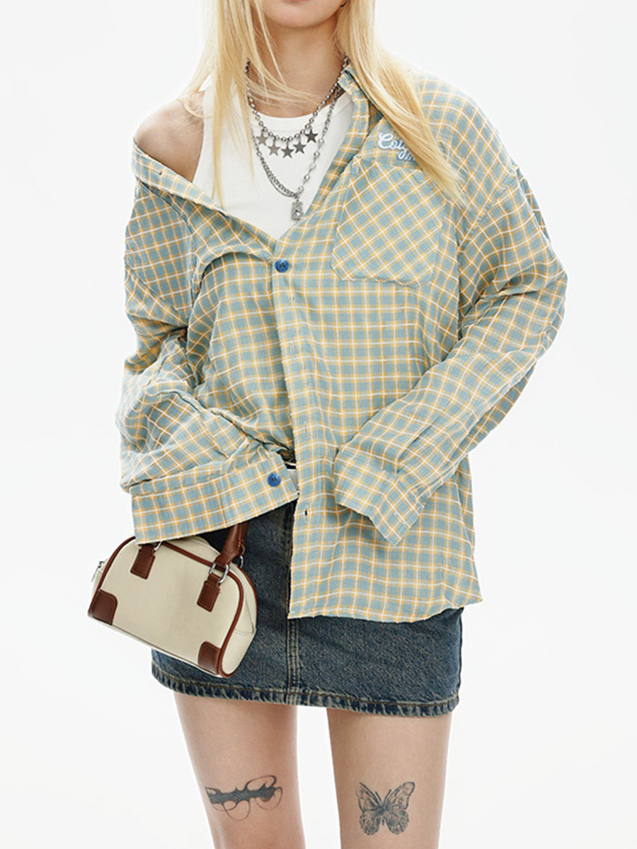 Vintage Plaid Long Sleeve Loose Shirt Double Pocket Top