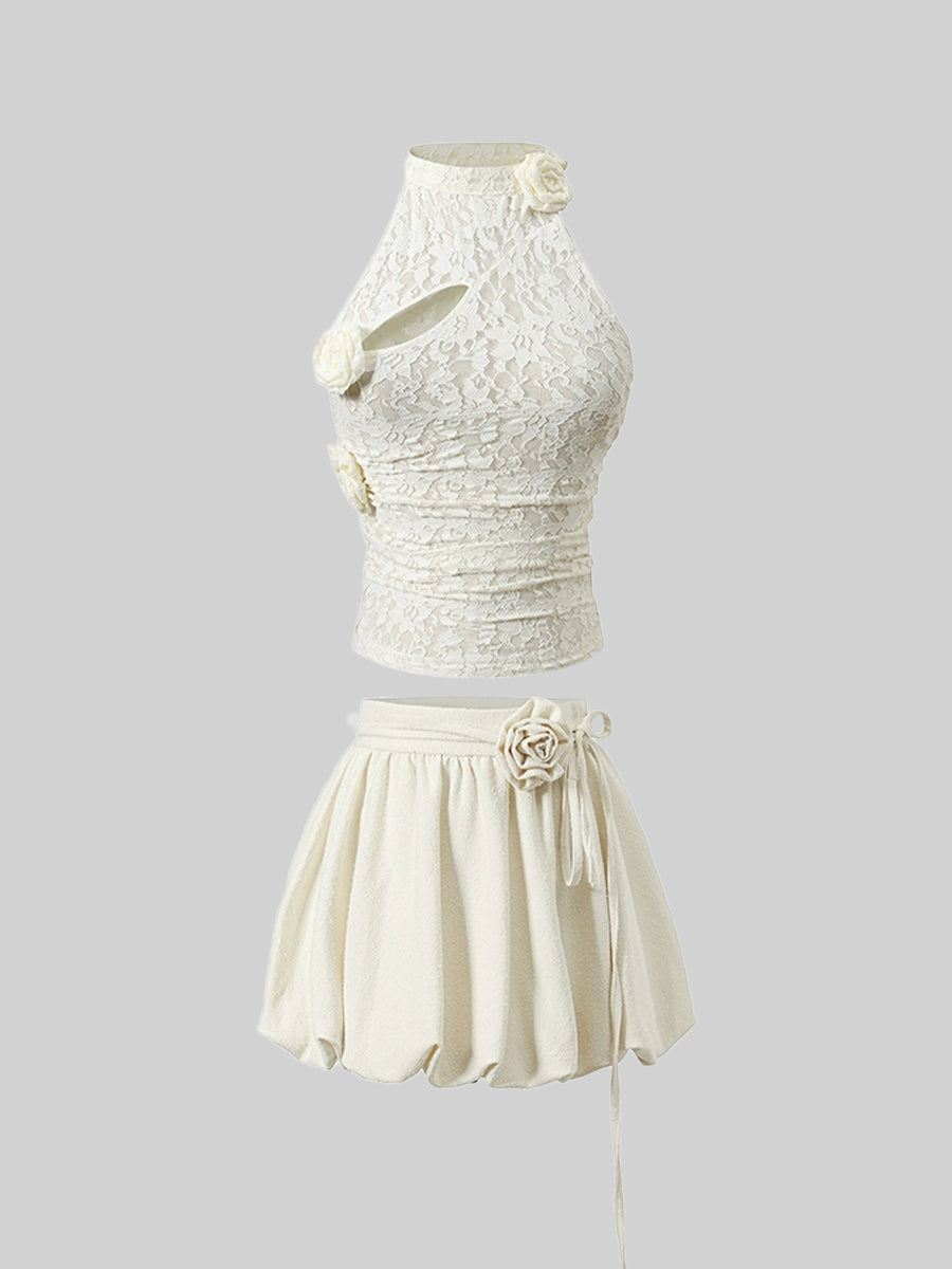 Lace Sleeveless Top + Puffy Skirt Set