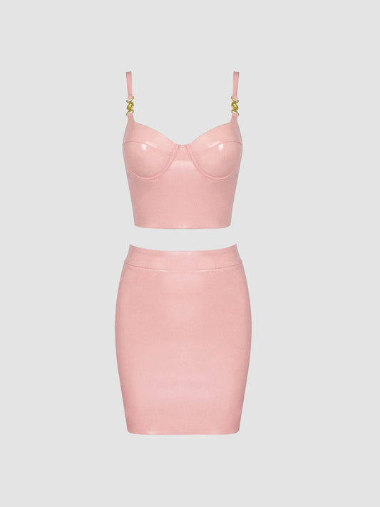 Pink Leather Cami Top + Tight Skirt Set