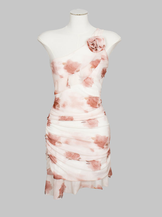 One Shoulder High Low Hem Flower Print Dress