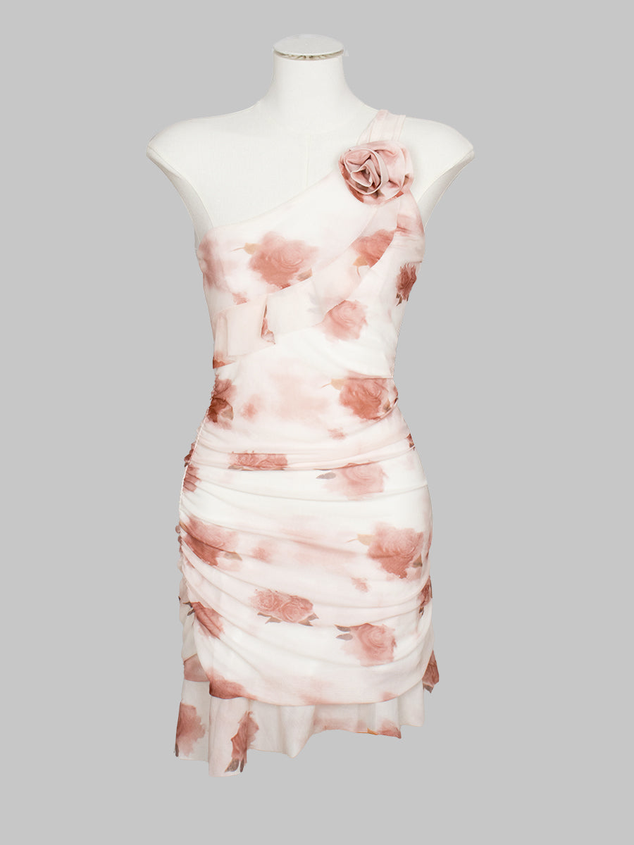 One Shoulder High Low Hem Flower Print Dress