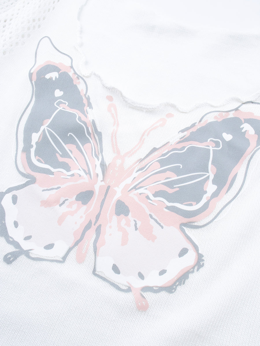 Butterfly Print Short Sleeve Crop Top