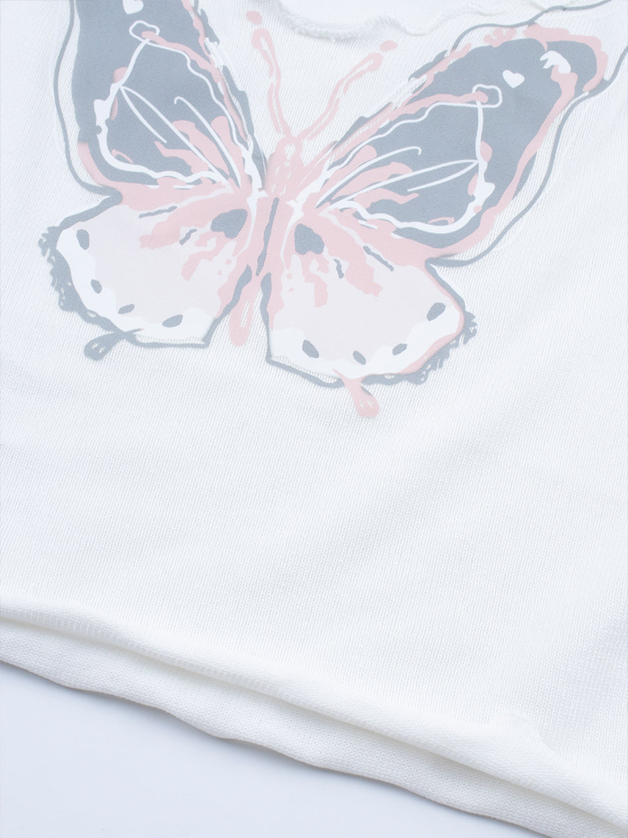 Butterfly Print Short Sleeve Crop Top
