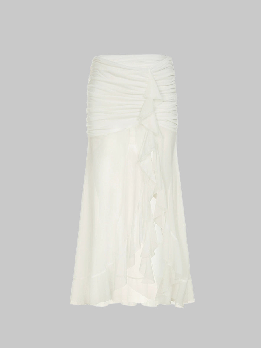 Irregular Ruffle Flutter Mesh Midi Skirt