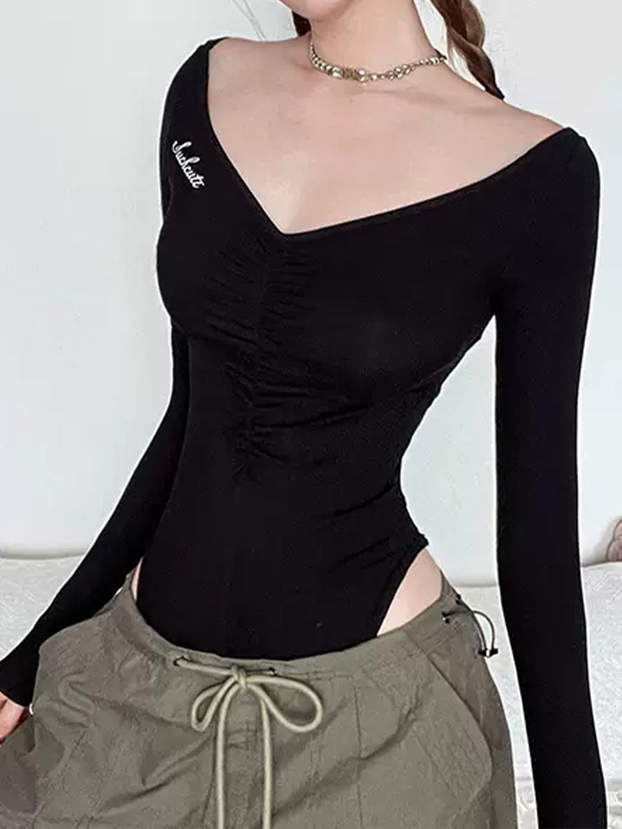 V-Neck Long Sleeve Black One Piece Top Bodysuit