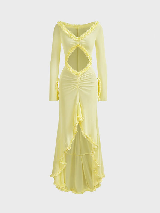 Solid Colored Knitted Hollow Out Long Chiffon Pleated Ruffle Hem Bodycon Dress