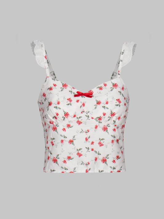 Floral Print Adjustable Lace Straps Cami Top